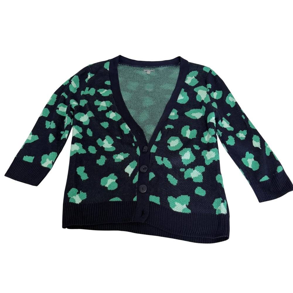 Charlotte Russe Navy Green Leopard Print V-Neck Cardigan Sweater Small